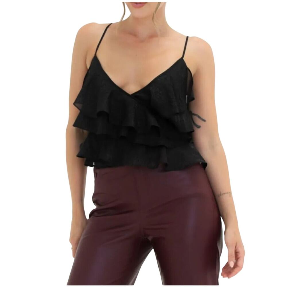 Rumored Tango Tank Top Black Shimmer Ruffle Flounce Spaghetti Strap Medium